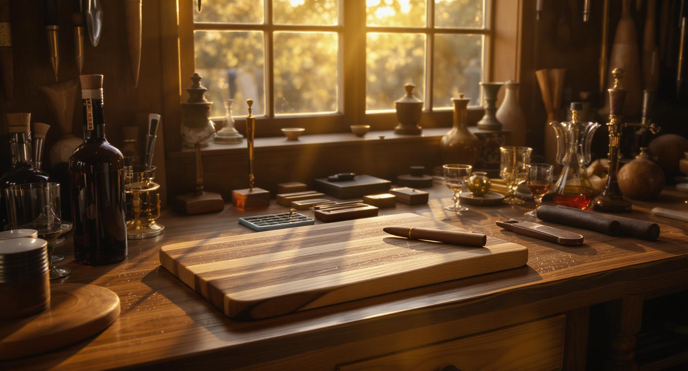 Handcrafted bourbon and cigar accessories workspace